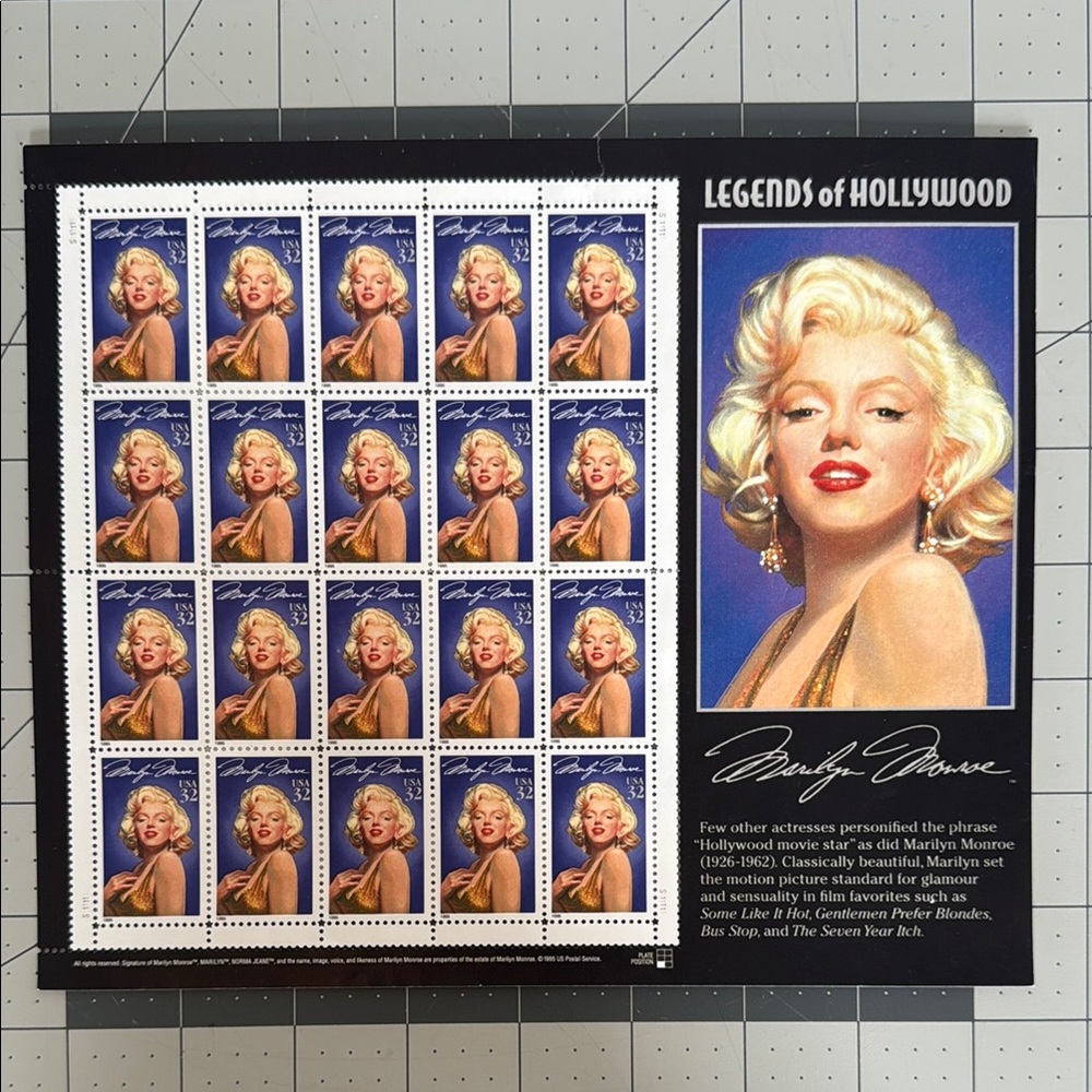Complete sheet:1995 Marilyn Monroe 32 cent U.S. stamps, 'Legends of Hollywood'